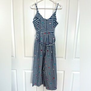 Yumi blue gingham travel inspired culotte jumpsuit size 6